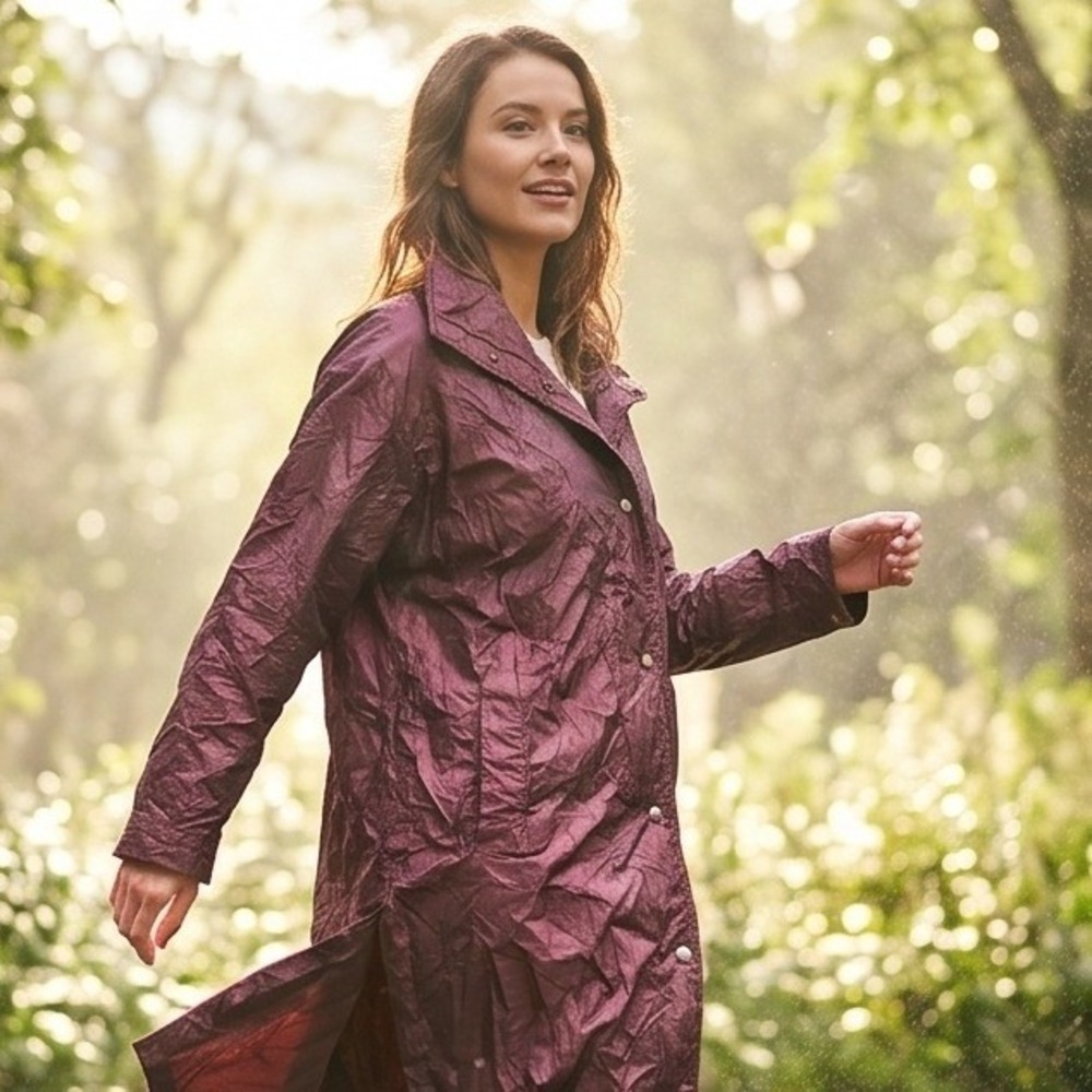 TravelSmith Womens L Vtg Crinkle Raincoat Maroon Iridescent Snap Front Jacket